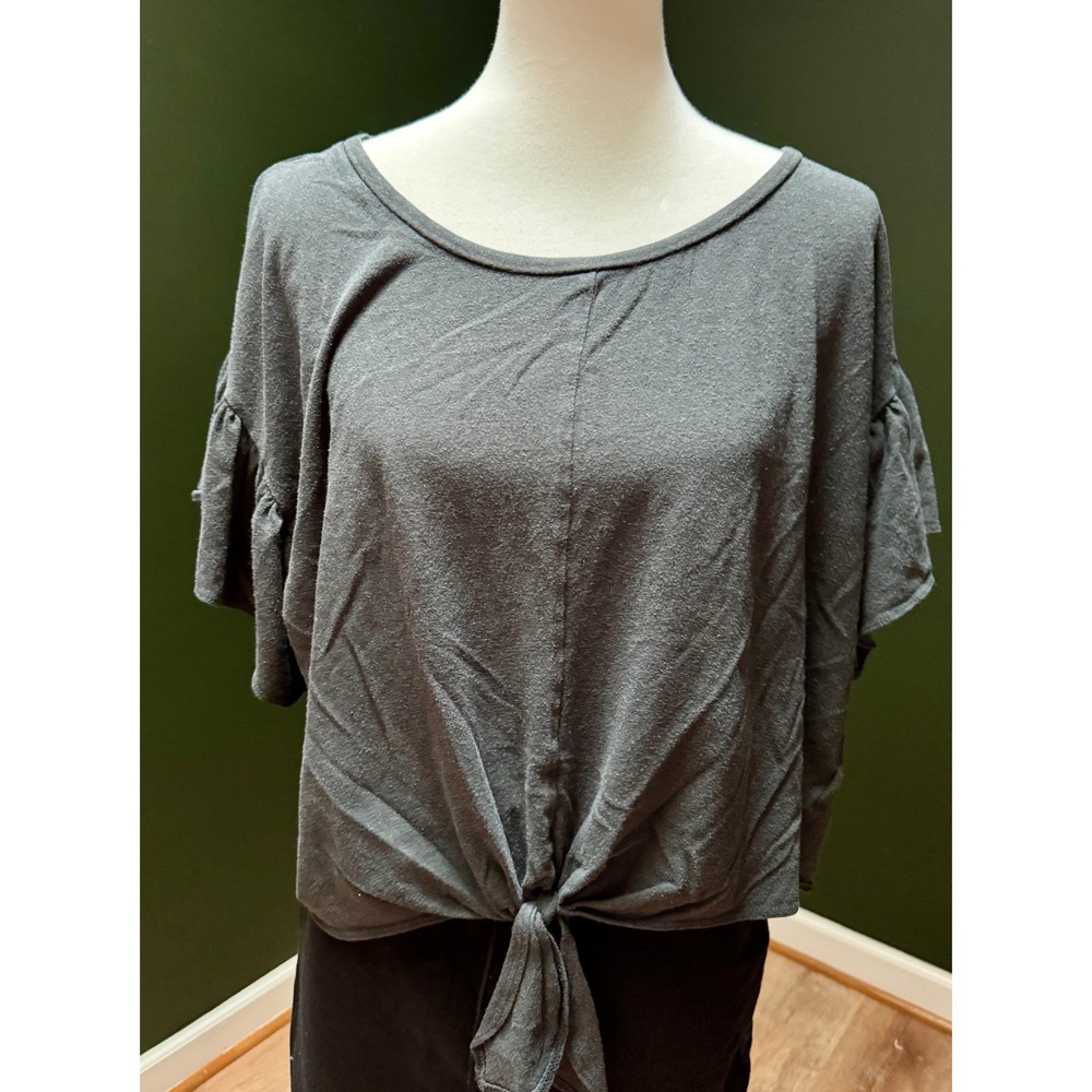 Mossimo Gray Tie-Front Top Ruffle Sleeve Blouse Women's XXL